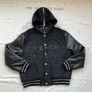 Givenchy Leather Sleeve Hooded Baseball Jacket